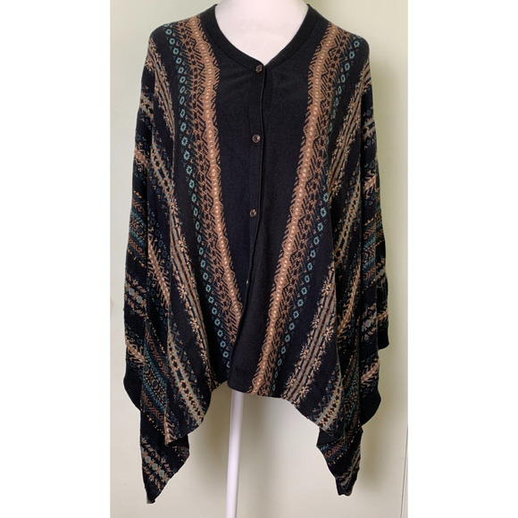 J Jill Black Brown Teal Fair Isle Aztec Poncho Pullover Sweater One Size - Picture 8 of 10